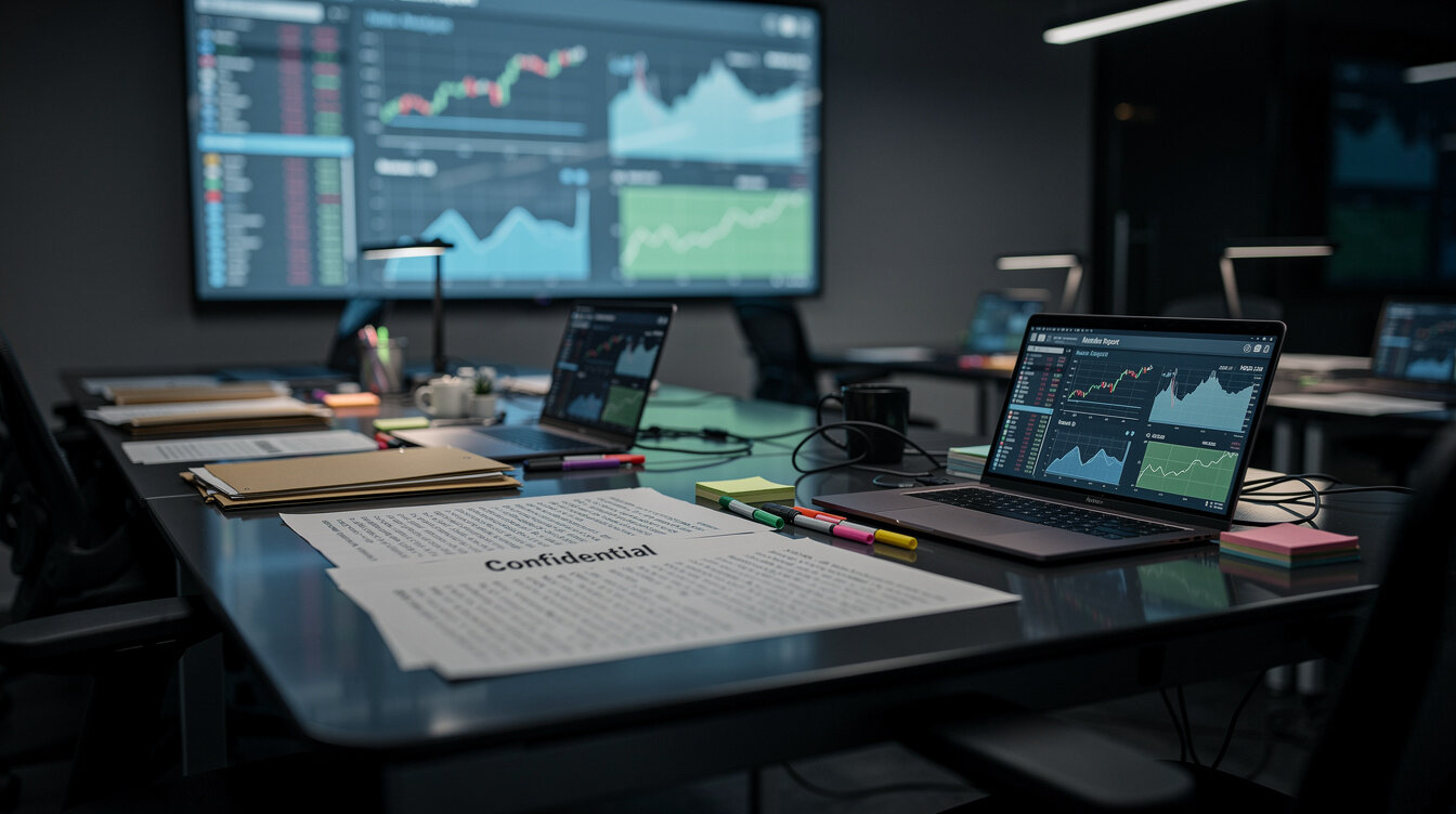 Investigative newsroom with documents and monitors at night